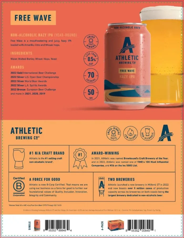 Athletic Brewing Co.'s non-alcoholic beer featuring 'Run Wild IPA,' low calorie benefits, ingredients, certifications, and brand highlights.