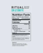 Ritual Zero Proof Gin Alternative nutrition facts showing zero calories and no added sugars.