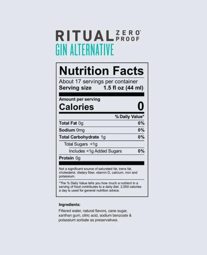 Ritual Zero Proof Gin Alternative nutrition facts showing zero calories and no added sugars.