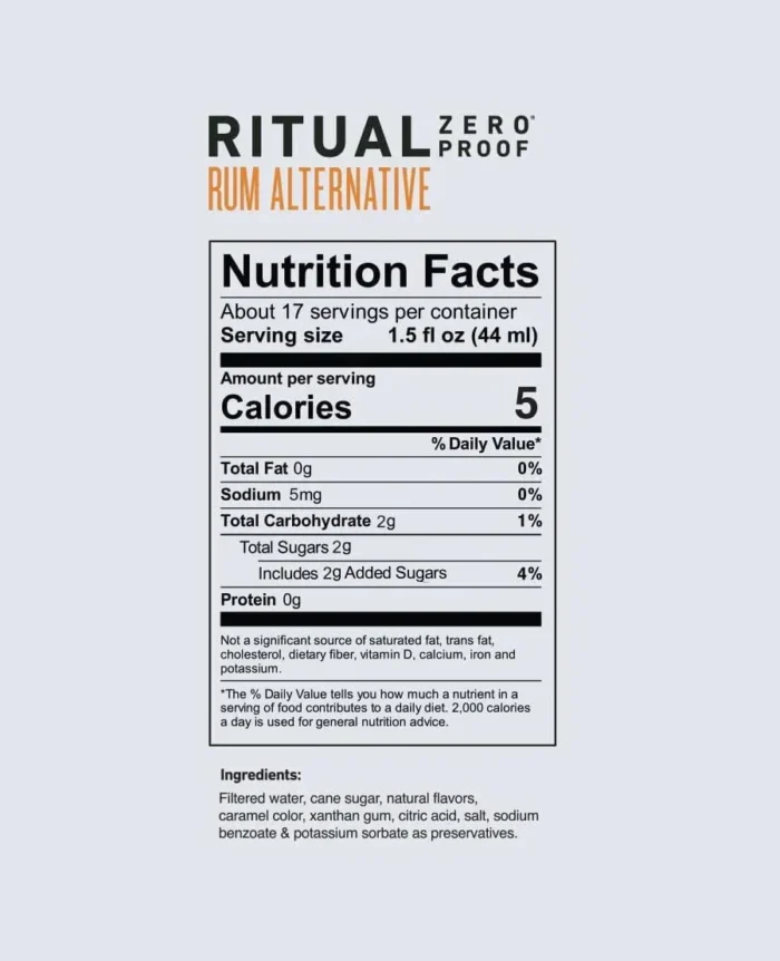Ritual Zero Proof Rum Alternative nutrition facts label with detailed calorie and ingredient information.