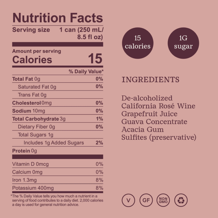 Nutrition facts for Surely rosé: 15 calories, 1g sugar; ingredients include de-alcoholized rosé wine and fruit juices.