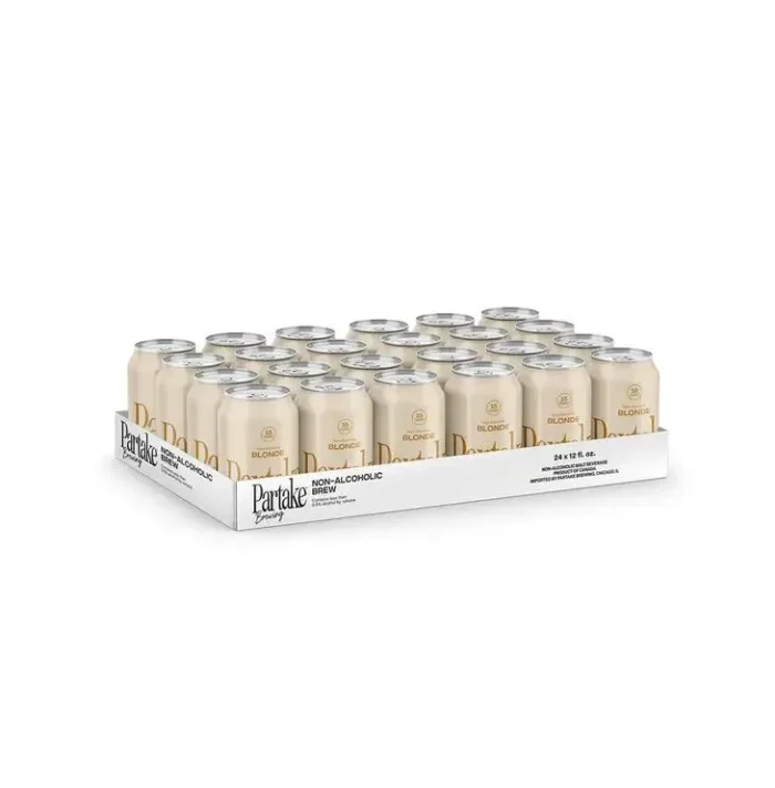 Tray of canned beverages neatly arranged, highlighting premium packaging and bulk product display.