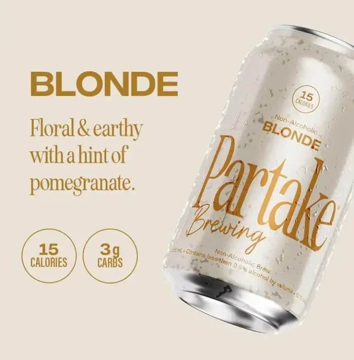 Partake Brewing Blonde Ale can with description: floral, earthy, pomegranate hints, 15 calories.