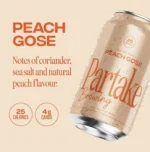 Partake Brewing Peach Gose can with notes of coriander, sea salt, peach flavor; 25 calories, 4g carbs.
