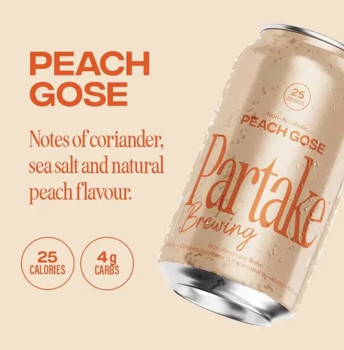 Partake Brewing Peach Gose can with notes of coriander, sea salt, peach flavor; 25 calories, 4g carbs.