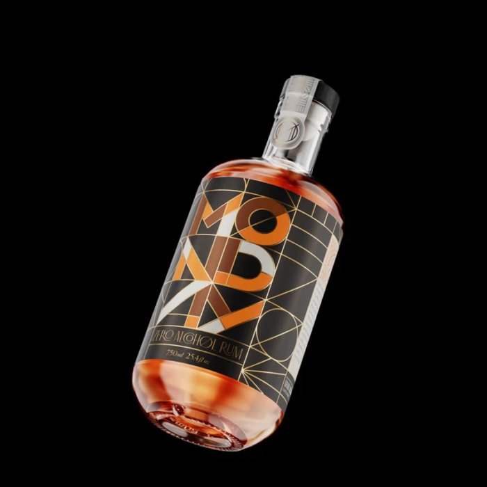 Monday Zero Alcohol Rum displayed on a black background, highlighting its elegant geometric label design.