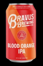 Bravus Brewing Co. Blood Orange IPA non-alcoholic beer can with bold red and orange design, showcasing a refreshing citrus-infused craft brew.