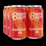 Six-pack of Bravus Brewing Co. Blood Orange IPA non-alcoholic beer, featuring vibrant red and orange design with bold craft beer branding.