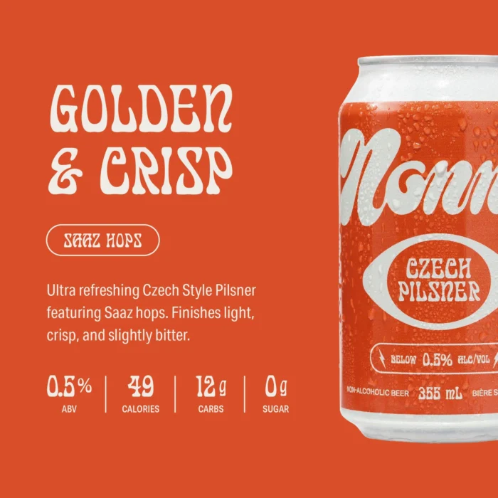 Nonny Czech Pilsner ad with golden and crisp flavor, 0.5% ABV, 39 calories, and Saaz hops.