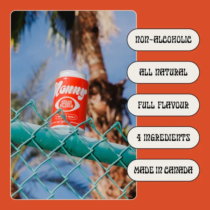 Nonny beer can on a fence with text highlights: non-alcoholic, all natural, full flavor, 4 ingredients.