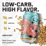 Go Brewing Jab Jab Grapefruit IPA can with low-carb, high-flavor appeal, featuring 86 calories, 0g fat, and key ingredients: water, barley, hops, yeast, and grapefruit.