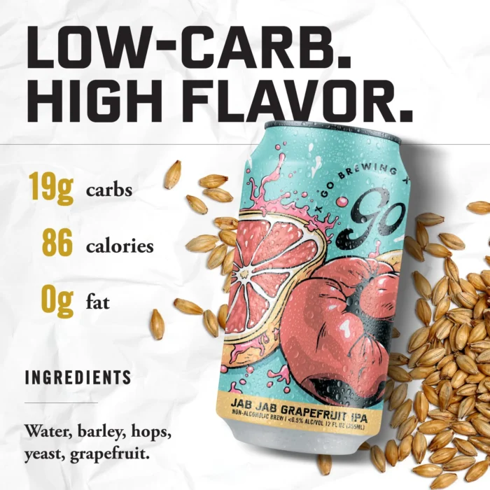 Go Brewing Jab Jab Grapefruit IPA can with low-carb, high-flavor appeal, featuring 86 calories, 0g fat, and key ingredients: water, barley, hops, yeast, and grapefruit.