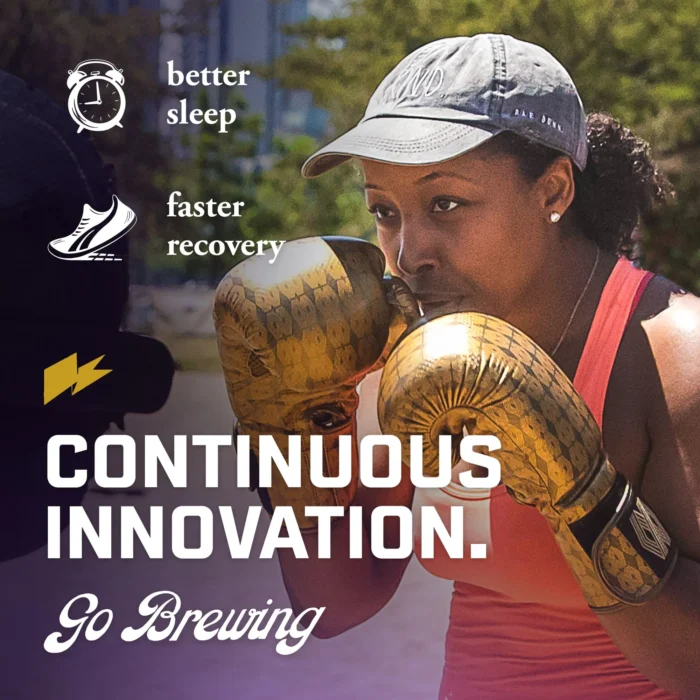 Go Brewing promotes better sleep and faster recovery with continuous innovation, featuring an active woman boxing as part of a healthy lifestyle.