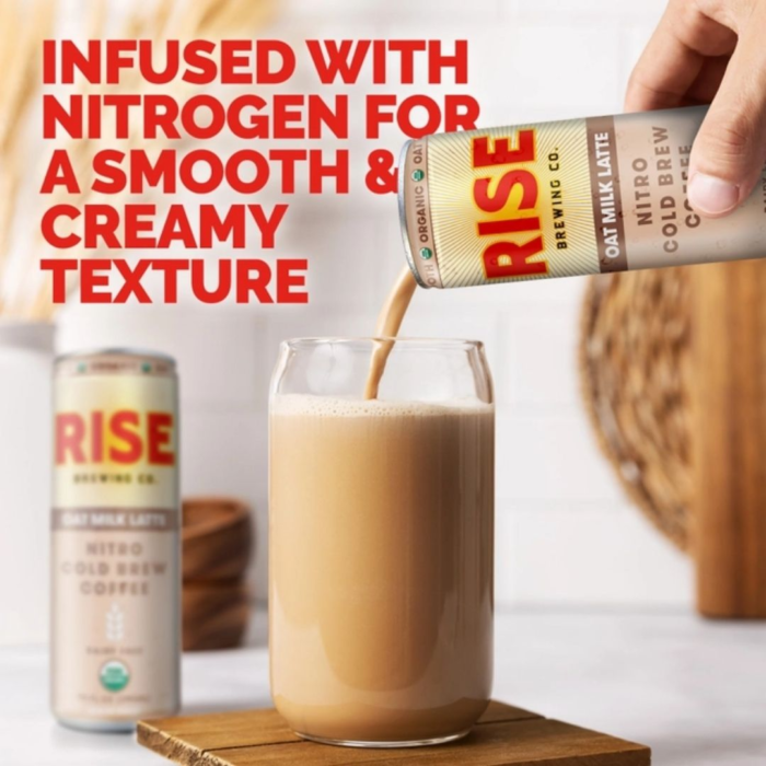 Rise Nitro Cold Brew can pouring creamy coffee into a glass with text promoting smooth texture.