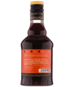 Back view of a glass bottle with a red label and dark liquid, suitable for gourmet or beverage use.