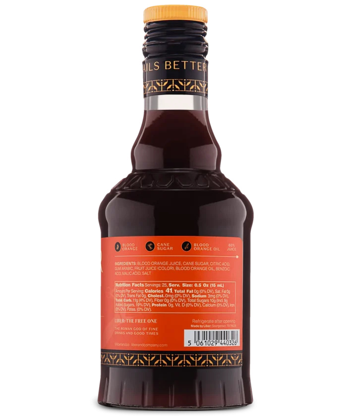 Back view of a glass bottle with a red label and dark liquid, suitable for gourmet or beverage use.