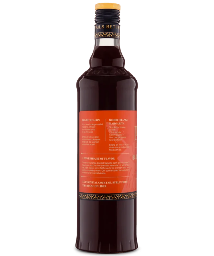 Side view of a glass bottle with a red label and dark liquid, perfect for blood orange beverages.
