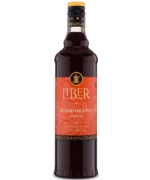Glass bottle with Liber branding, red label, and dark liquid, featuring blood orange flavor.