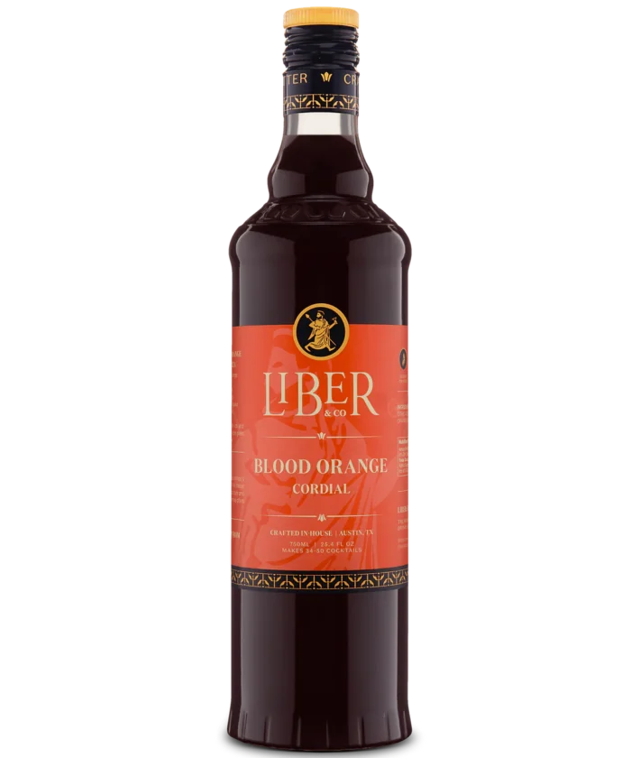 Glass bottle with Liber branding, red label, and dark liquid, featuring blood orange flavor.