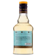 Back label of a liquor bottle with detailed text on a light blue background.