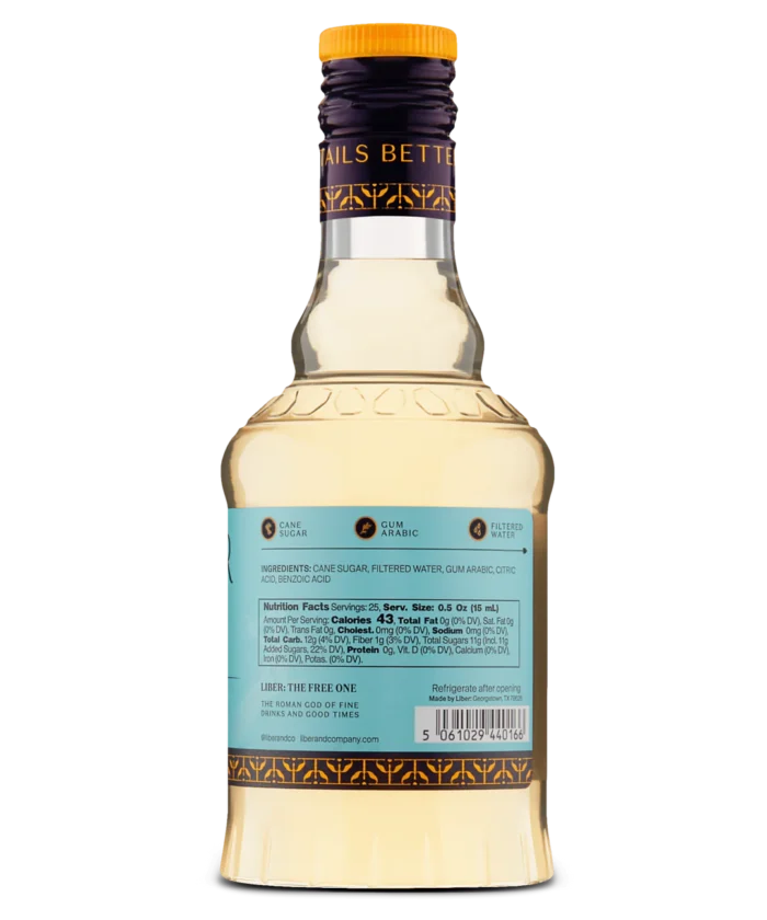 Back label of a liquor bottle with detailed text on a light blue background.