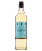 Full back view of a liquor bottle with a light blue label and detailed text.