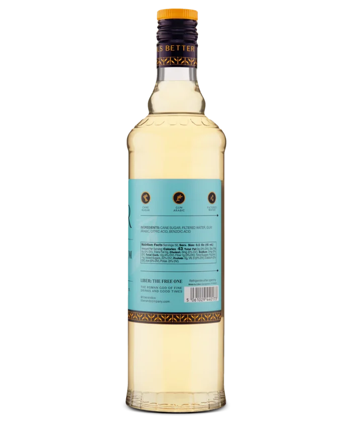 Full back view of a liquor bottle with a light blue label and detailed text.