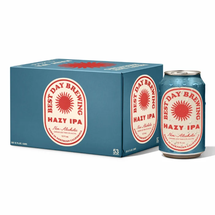 12-pack of Hazy IPA by Easy Day Brewing in sleek blue packaging, showcasing non-alcoholic craft beer for flavorful and mindful enjoyment.