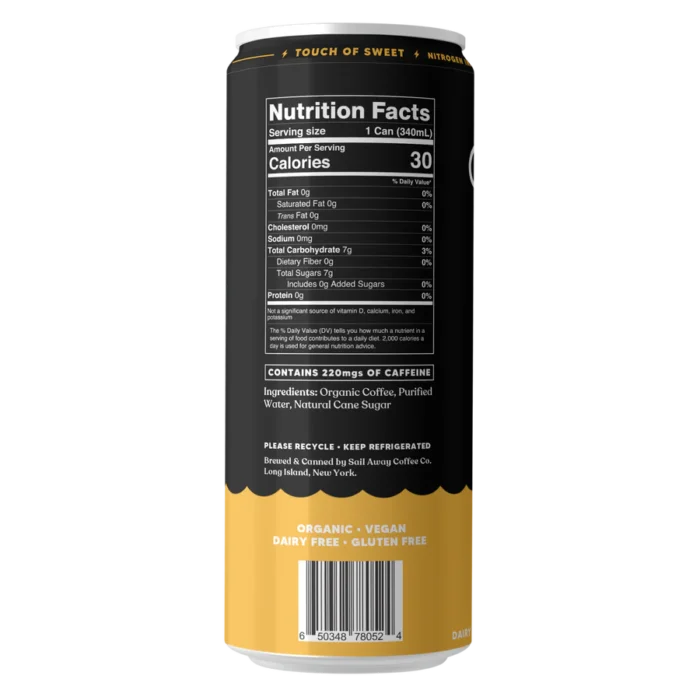 Back of Sail Away Nitro Touch of Sweet can showing nutrition facts, ingredients, and barcode on a black and gold design.