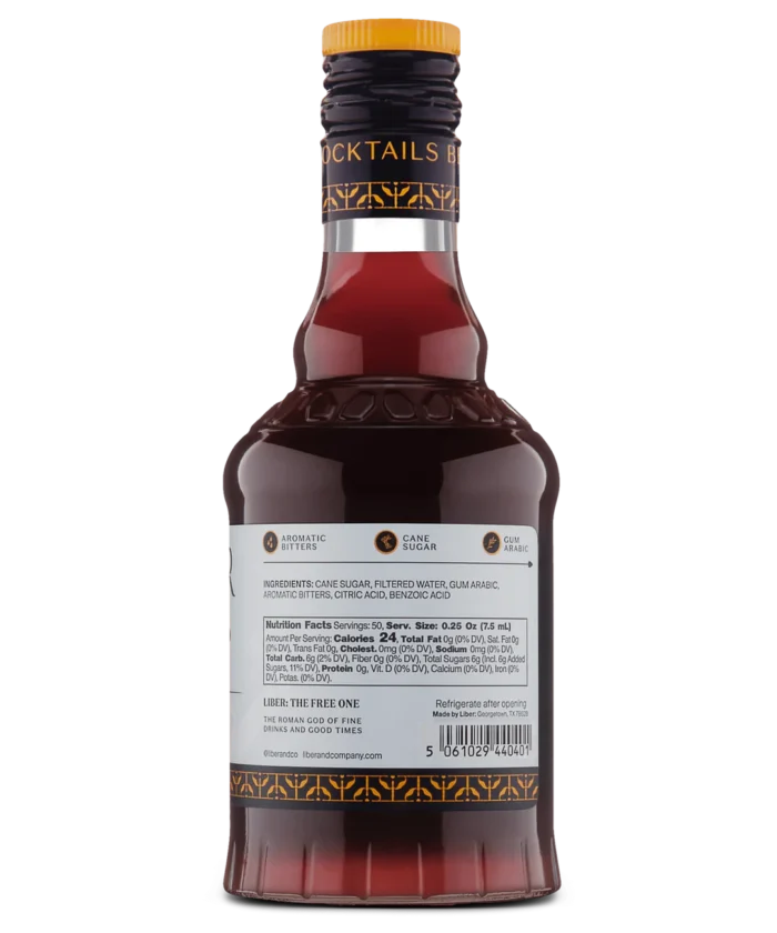 Rear view of a red liquor bottle with white label displaying product details and barcode.