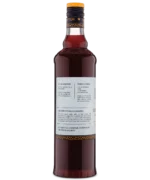 Full back view of a red liquor bottle with a white label showing product information.