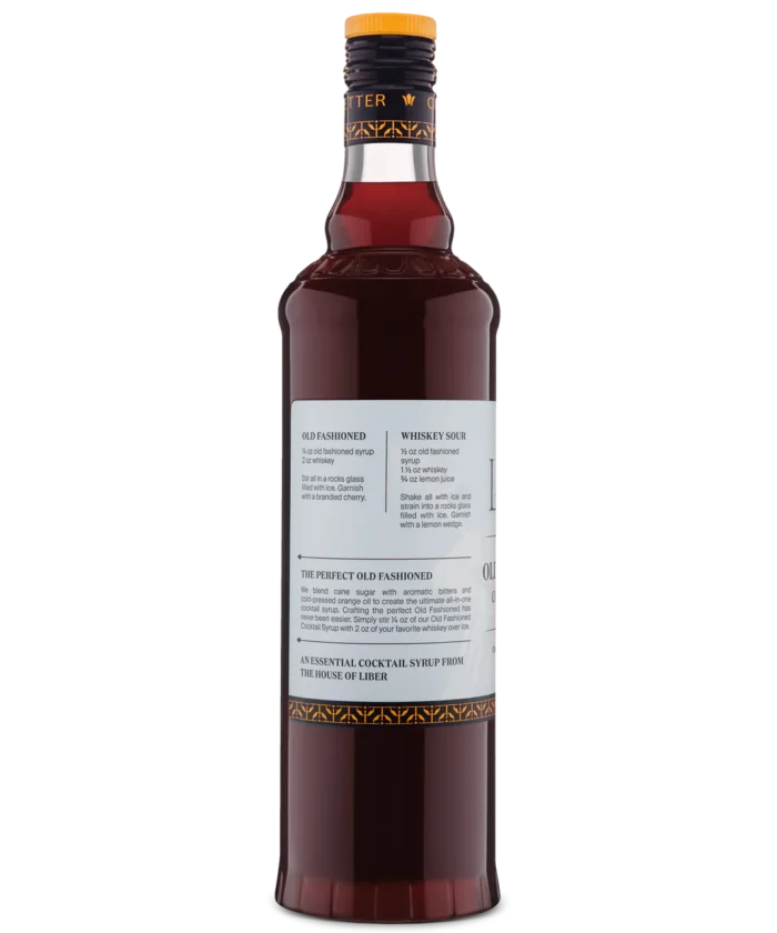 Full back view of a red liquor bottle with a white label showing product information.