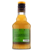 Back view of a glass bottle with green label and yellow liquid, ideal for beverages or cooking.