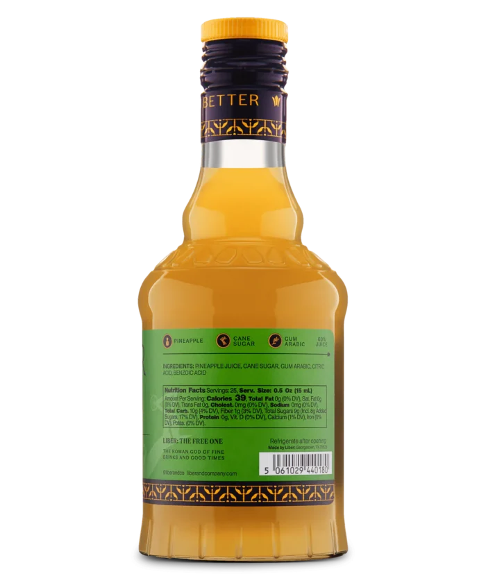 Back view of a glass bottle with green label and yellow liquid, ideal for beverages or cooking.