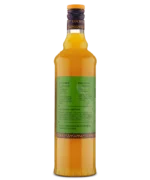 Side view of a tall glass bottle with green label and yellow liquid, perfect for beverages or cocktails.