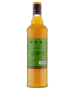 Back view of a tall glass bottle with a green label and yellow liquid, ideal for drinks or cocktails.