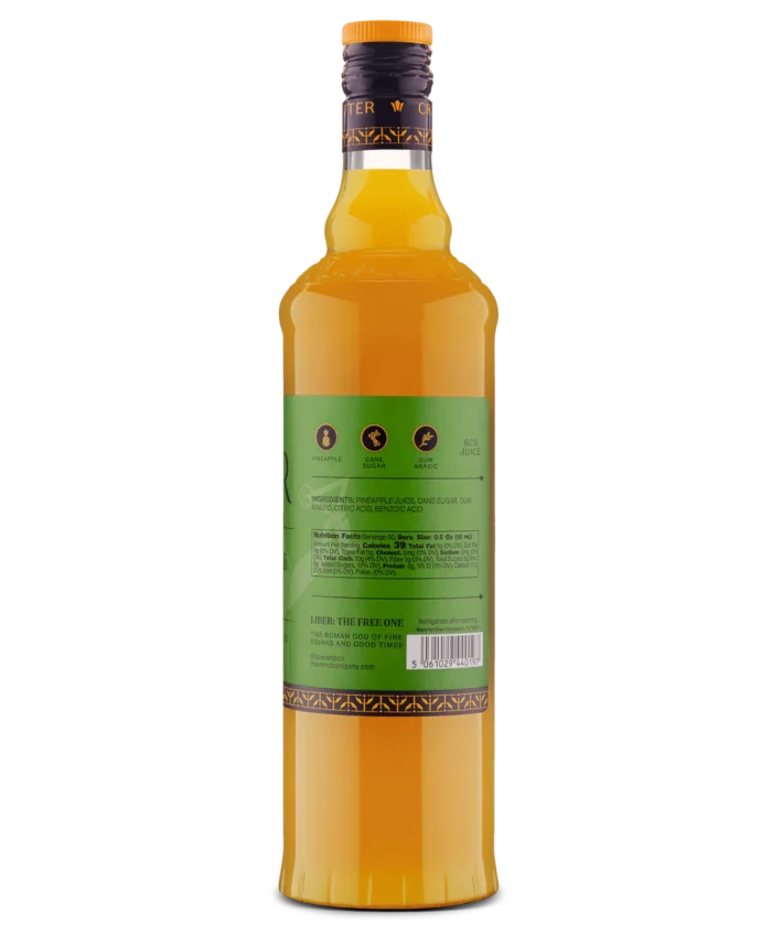 Back view of a tall glass bottle with a green label and yellow liquid, ideal for drinks or cocktails.