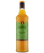 Glass bottle with green Liber label and yellow liquid, featuring pineapple flavor for beverages.