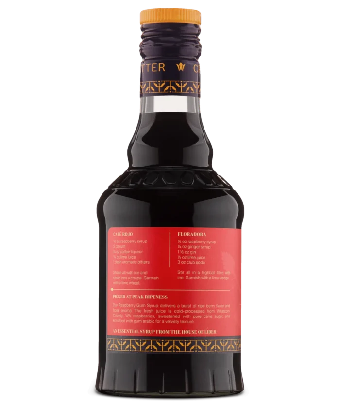Rear view of a dark liquor bottle with a red label showing product details.