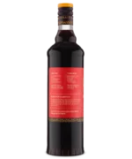 Full back view of a dark liquor bottle featuring a red label with product information.