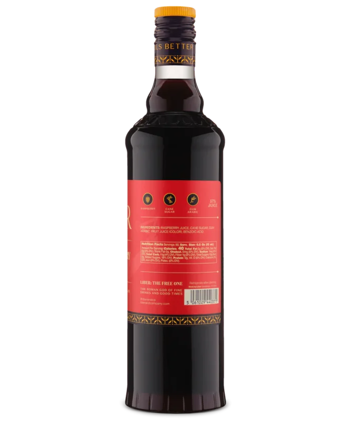 Rear view of a dark liquor bottle with detailed product information on a red label.