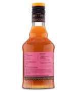 Rear view of an orange liquor bottle with pink label detailing product info.
