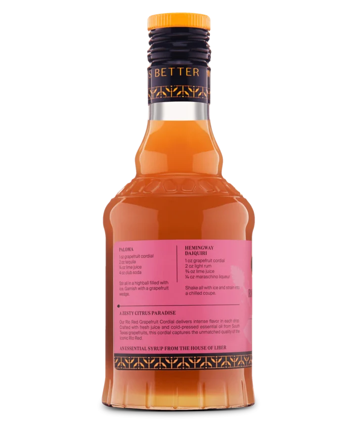 Rear view of an orange liquor bottle with pink label detailing product info.