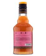 Close-up of an orange liquor bottle's back label featuring detailed text on a pink background.