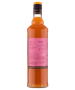 Full back view of an orange liquor bottle with a pink label and detailed product description.