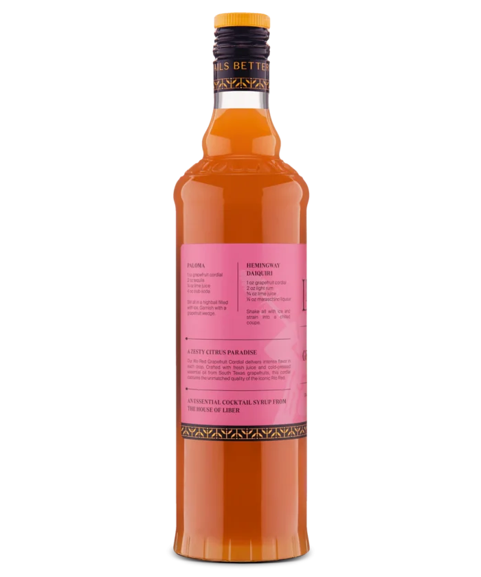 Full back view of an orange liquor bottle with a pink label and detailed product description.