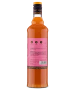 Rear view of orange liquor bottle displaying product details and barcode on a pink label.