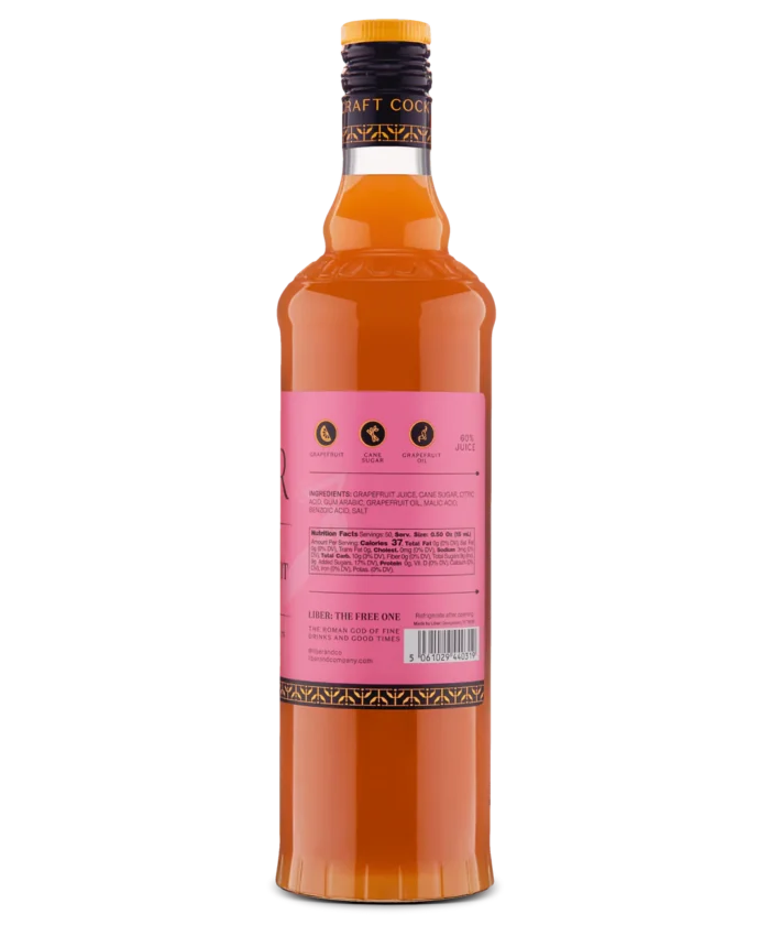 Rear view of orange liquor bottle displaying product details and barcode on a pink label.