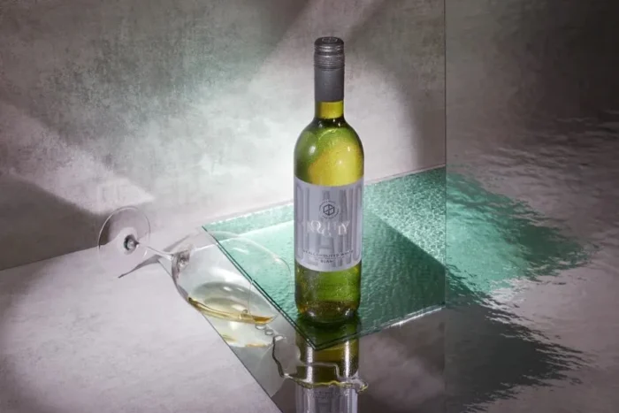 Bottle of white wine placed on a reflective glass surface, surrounded by soft, elegant lighting.