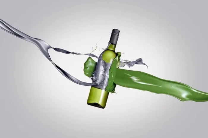 Creative depiction of a green wine bottle splashed with vibrant liquid and wrapped in metallic ribbon.